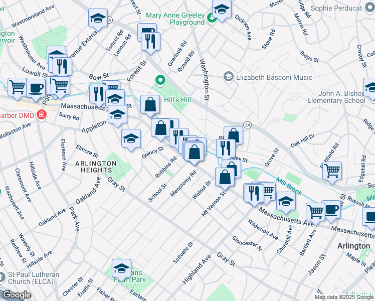 map of restaurants, bars, coffee shops, grocery stores, and more near 26 Laurel Street in Arlington