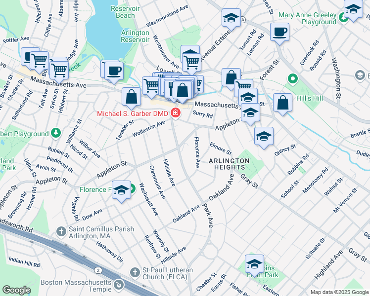 map of restaurants, bars, coffee shops, grocery stores, and more near 146 Park Avenue in Arlington