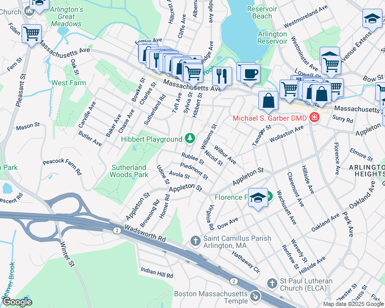 map of restaurants, bars, coffee shops, grocery stores, and more near 83 Williams Street in Arlington