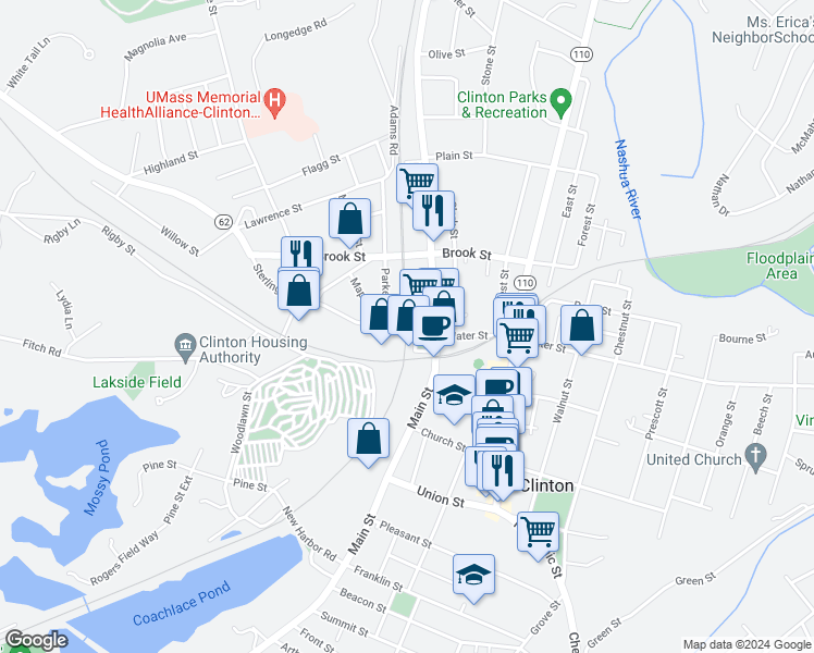 map of restaurants, bars, coffee shops, grocery stores, and more near 23 Sterling Street in Clinton