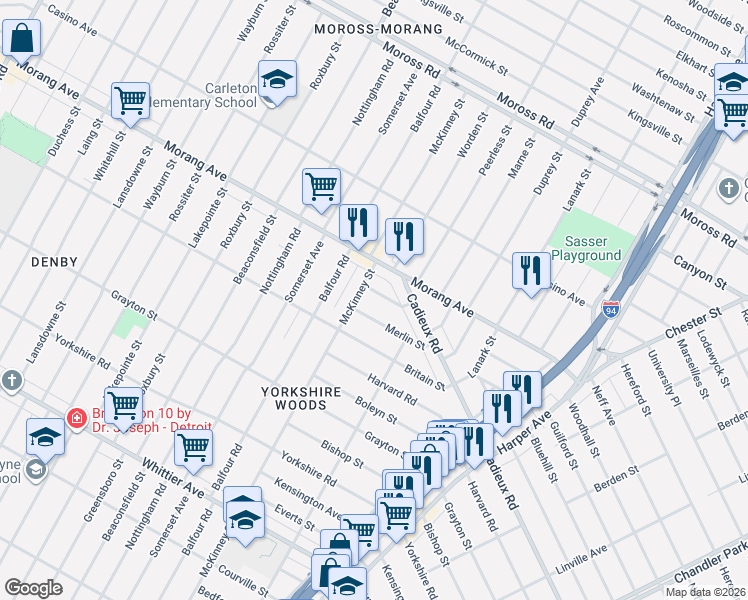 map of restaurants, bars, coffee shops, grocery stores, and more near 10620 Morang Avenue in Detroit