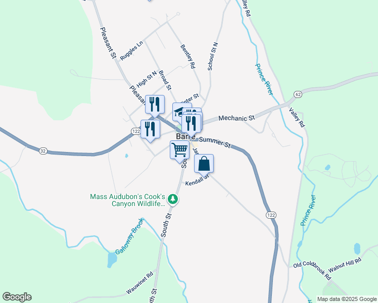 map of restaurants, bars, coffee shops, grocery stores, and more near 29 South Street in Barre