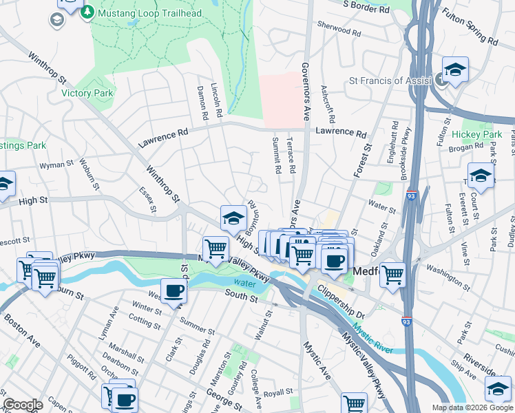 map of restaurants, bars, coffee shops, grocery stores, and more near 59 Boynton Road in Medford