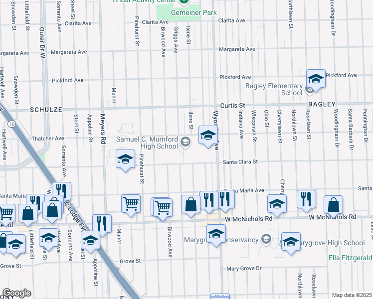 map of restaurants, bars, coffee shops, grocery stores, and more near 17525 Wyoming Avenue in Detroit