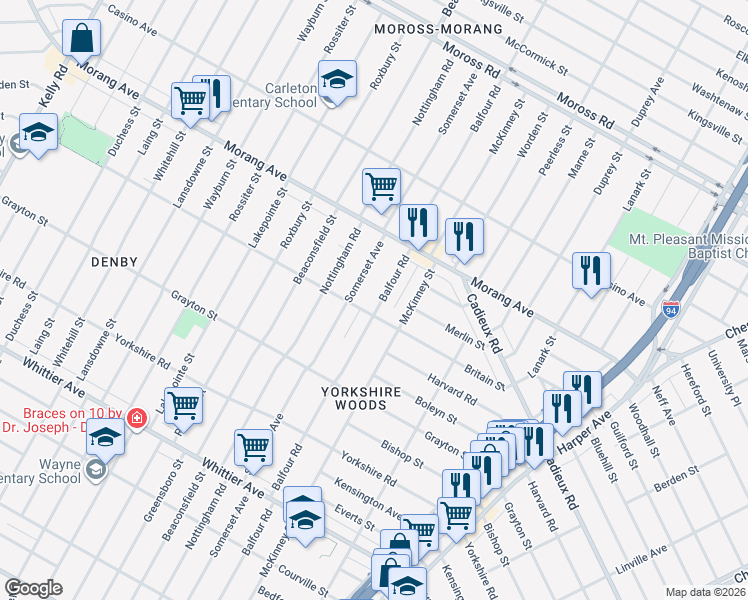 map of restaurants, bars, coffee shops, grocery stores, and more near 10827 Balfour Road in Detroit