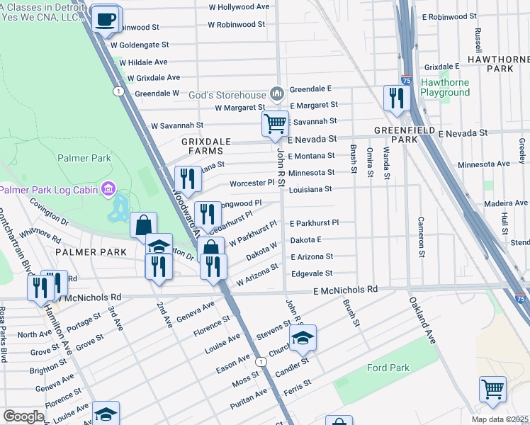 map of restaurants, bars, coffee shops, grocery stores, and more near 63 Cedarhurst Pl in Detroit