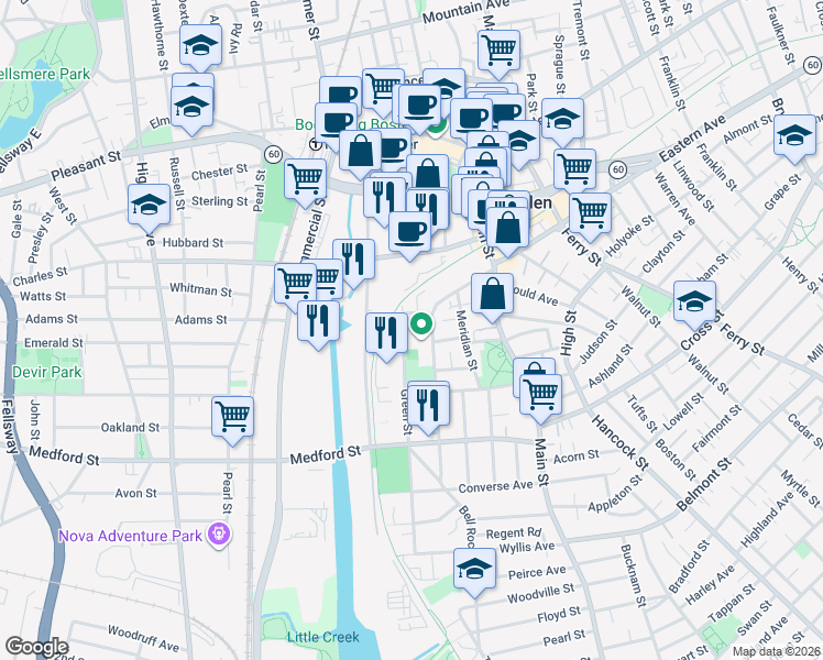 map of restaurants, bars, coffee shops, grocery stores, and more near 89 Madison Street in Malden