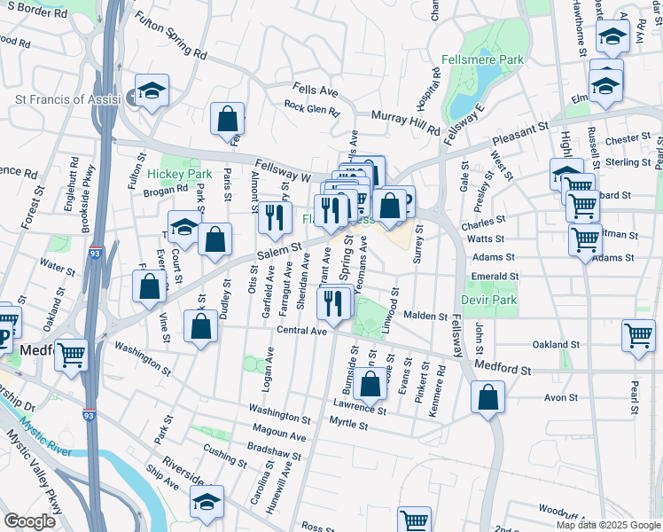 map of restaurants, bars, coffee shops, grocery stores, and more near 125 Grant Avenue in Medford