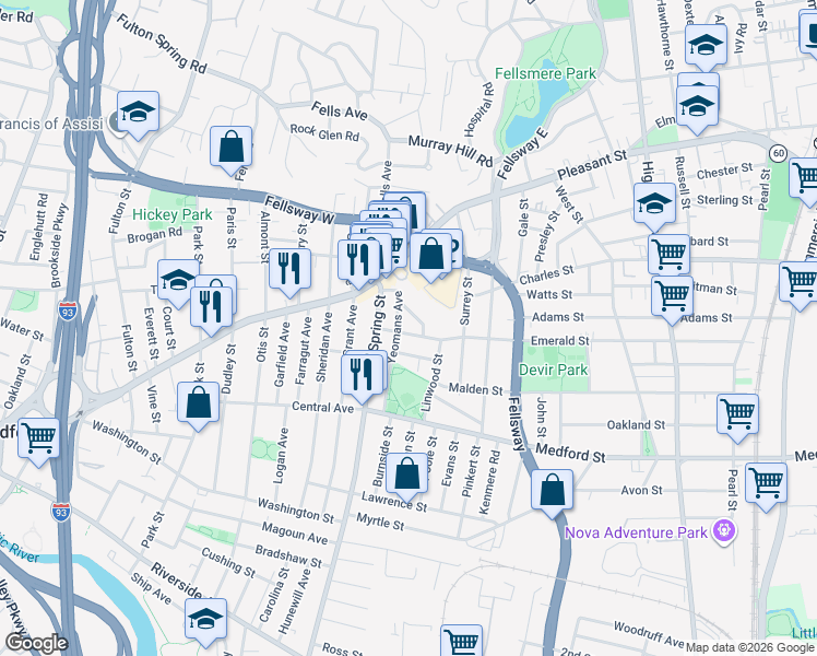 map of restaurants, bars, coffee shops, grocery stores, and more near 34 Emerald Street in Medford