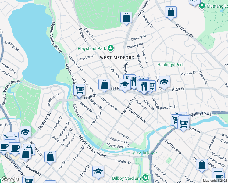 map of restaurants, bars, coffee shops, grocery stores, and more near 538 High Street in Medford