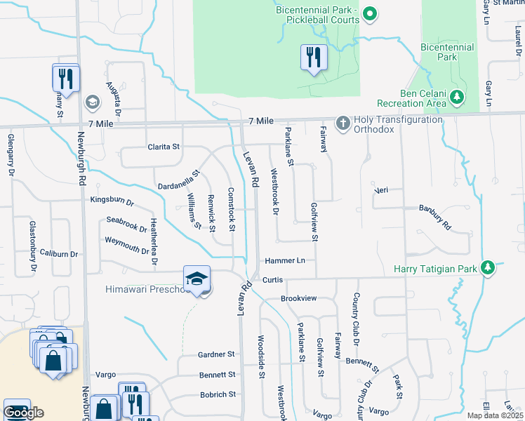 map of restaurants, bars, coffee shops, grocery stores, and more near 18528 Levan Road in Livonia