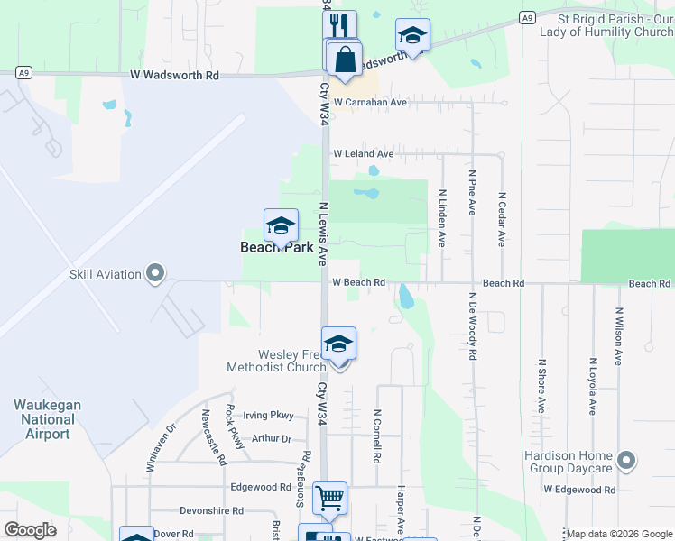 map of restaurants, bars, coffee shops, grocery stores, and more near 38117 North Lewis Avenue in Waukegan