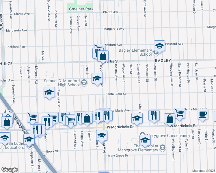 map of restaurants, bars, coffee shops, grocery stores, and more near 17555 Kentucky Street in Detroit