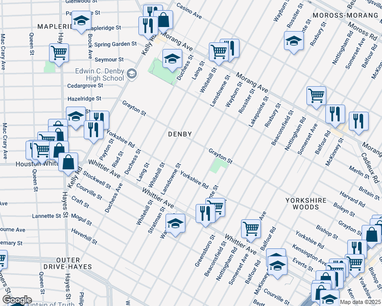 map of restaurants, bars, coffee shops, grocery stores, and more near 11490 Lansdowne St in Detroit