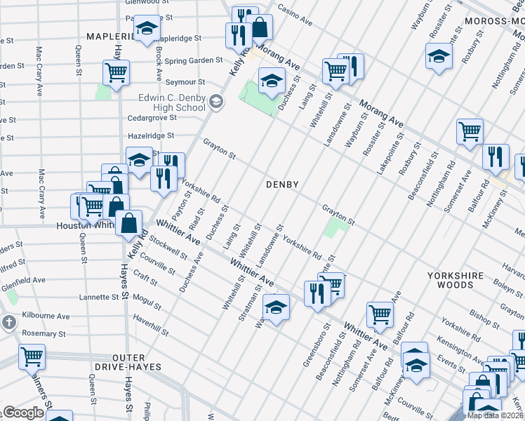 map of restaurants, bars, coffee shops, grocery stores, and more near 11550 Whitehill Street in Detroit