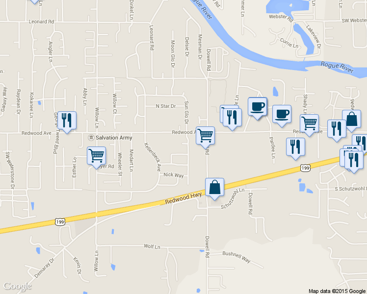map of restaurants, bars, coffee shops, grocery stores, and more near 2115 Fahey Way in Grants Pass