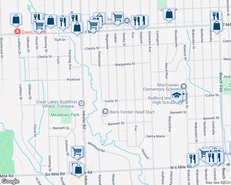 map of restaurants, bars, coffee shops, grocery stores, and more near 18267 Indian in Redford Charter Township