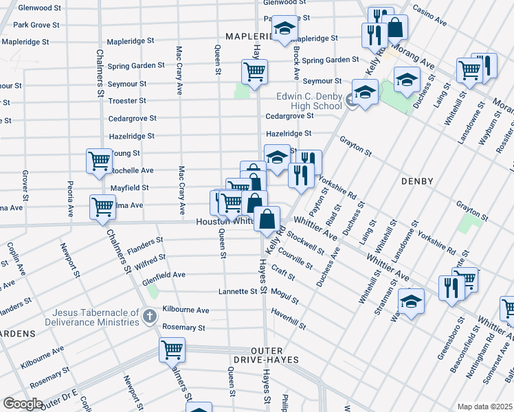 map of restaurants, bars, coffee shops, grocery stores, and more near 12339 Hayes Street in Detroit