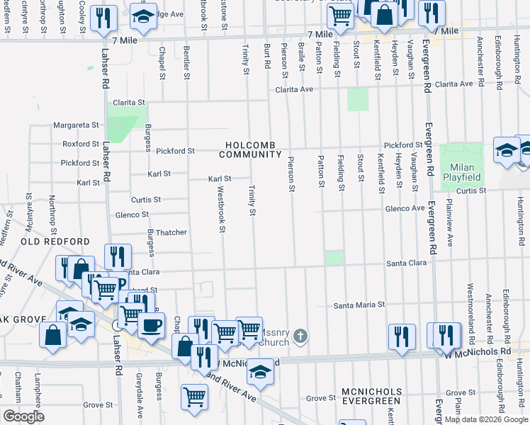 map of restaurants, bars, coffee shops, grocery stores, and more near 17676 Trinity Street in Detroit