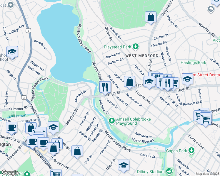 map of restaurants, bars, coffee shops, grocery stores, and more near 15 Kilgore Avenue in Medford