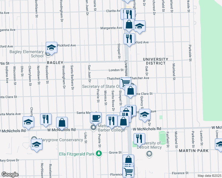 map of restaurants, bars, coffee shops, grocery stores, and more near 17543 Santa Rosa Drive in Detroit