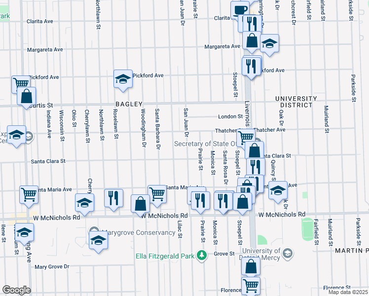 map of restaurants, bars, coffee shops, grocery stores, and more near 17545 San Juan Dr in Detroit