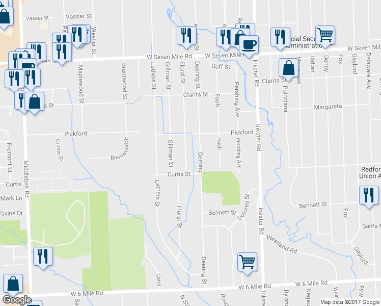 map of restaurants, bars, coffee shops, grocery stores, and more near 18280 Floral Street in Livonia