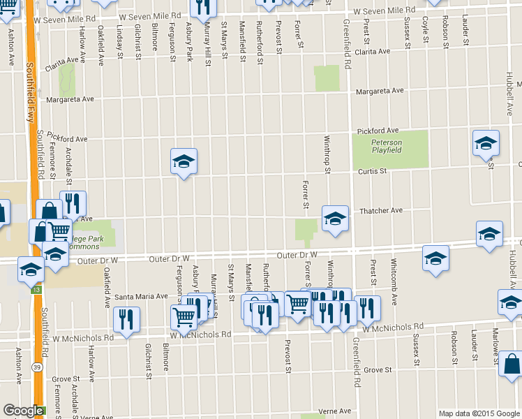 map of restaurants, bars, coffee shops, grocery stores, and more near 18019 Rutherford Street in Detroit