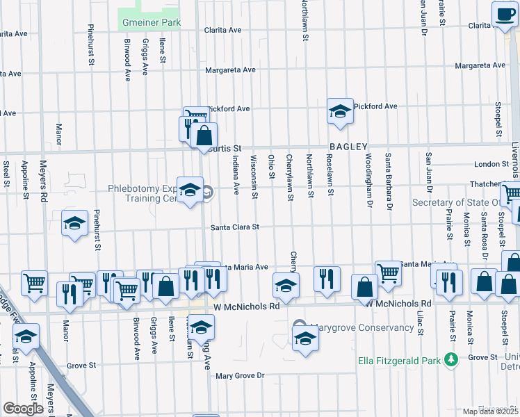 map of restaurants, bars, coffee shops, grocery stores, and more near 17554 Wisconsin Street in Detroit