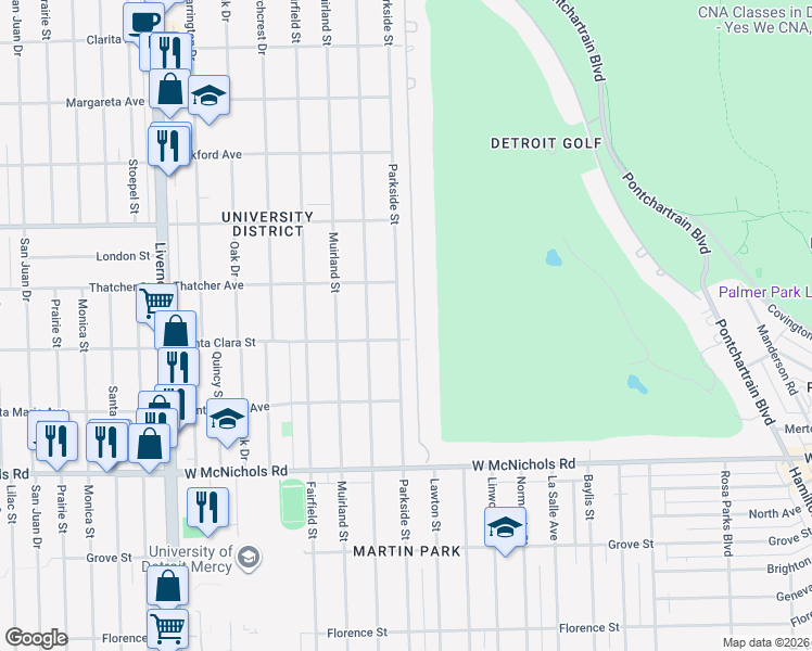 map of restaurants, bars, coffee shops, grocery stores, and more near 17524 Parkside Street in Detroit