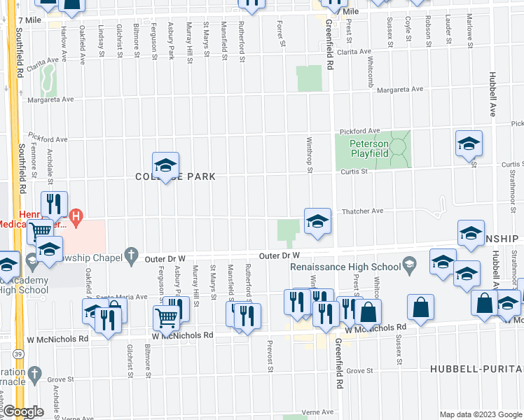 map of restaurants, bars, coffee shops, grocery stores, and more near 18021 Prevost Street in Detroit