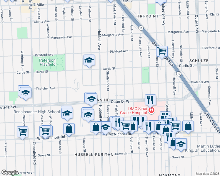 map of restaurants, bars, coffee shops, grocery stores, and more near 17586 Strathmoor Street in Detroit