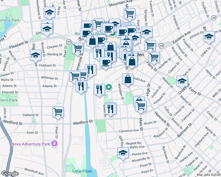 map of restaurants, bars, coffee shops, grocery stores, and more near 89 Madison Street in Malden