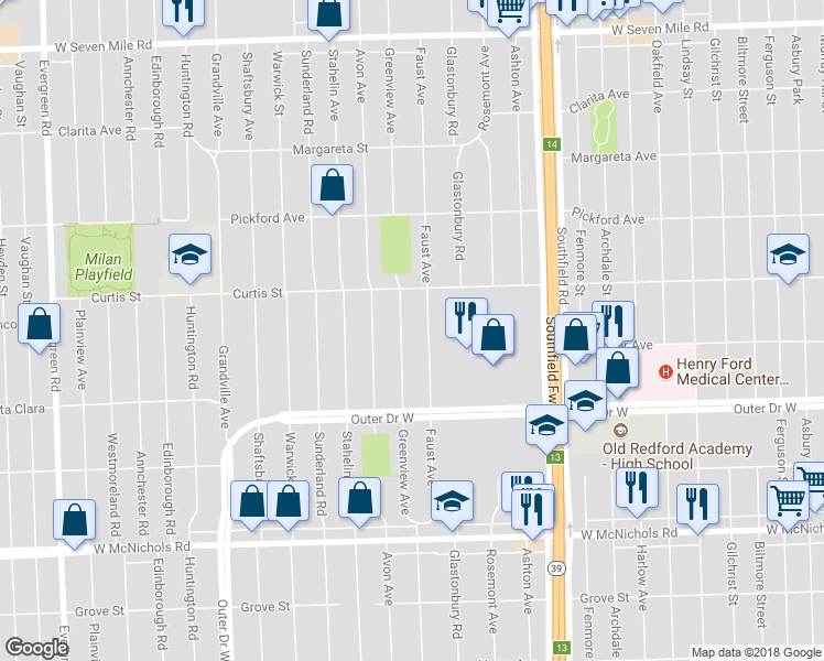 map of restaurants, bars, coffee shops, grocery stores, and more near 17664 Greenview Avenue in Detroit