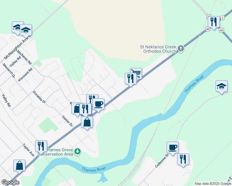 map of restaurants, bars, coffee shops, grocery stores, and more near 601 Grand Avenue East in Chatham
