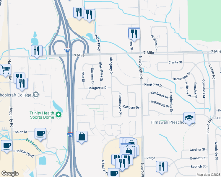map of restaurants, bars, coffee shops, grocery stores, and more near 18570 Glengarry Drive in Livonia