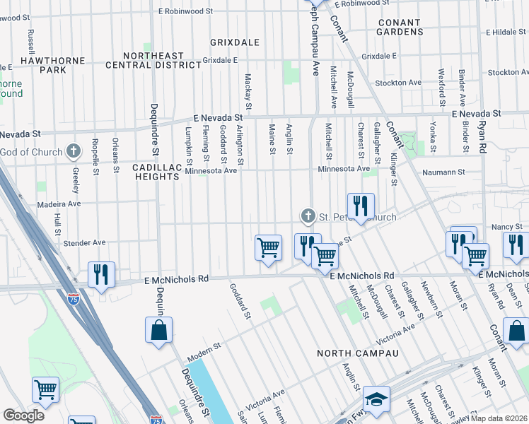 map of restaurants, bars, coffee shops, grocery stores, and more near 17432 Mackay Street in Detroit