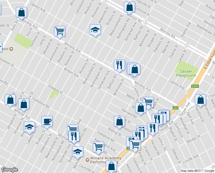 map of restaurants, bars, coffee shops, grocery stores, and more near 10835 Balfour Road in Detroit