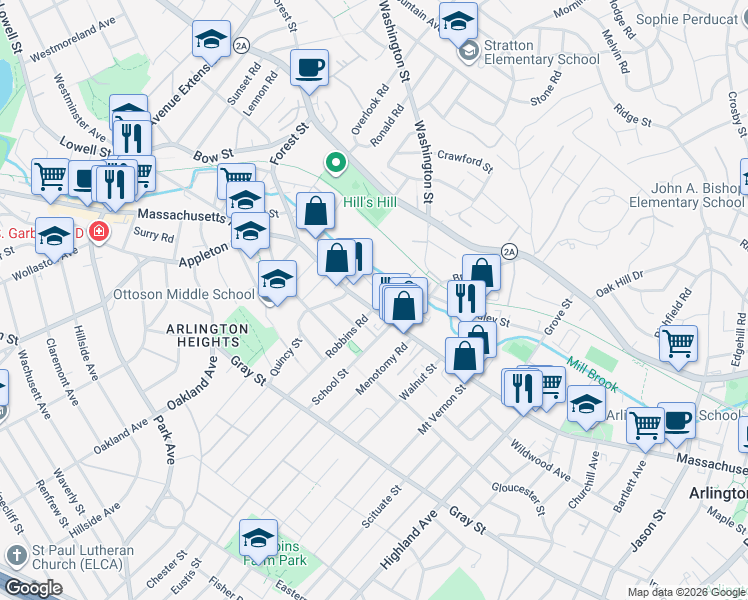 map of restaurants, bars, coffee shops, grocery stores, and more near 11 Old Colony Lane in Arlington