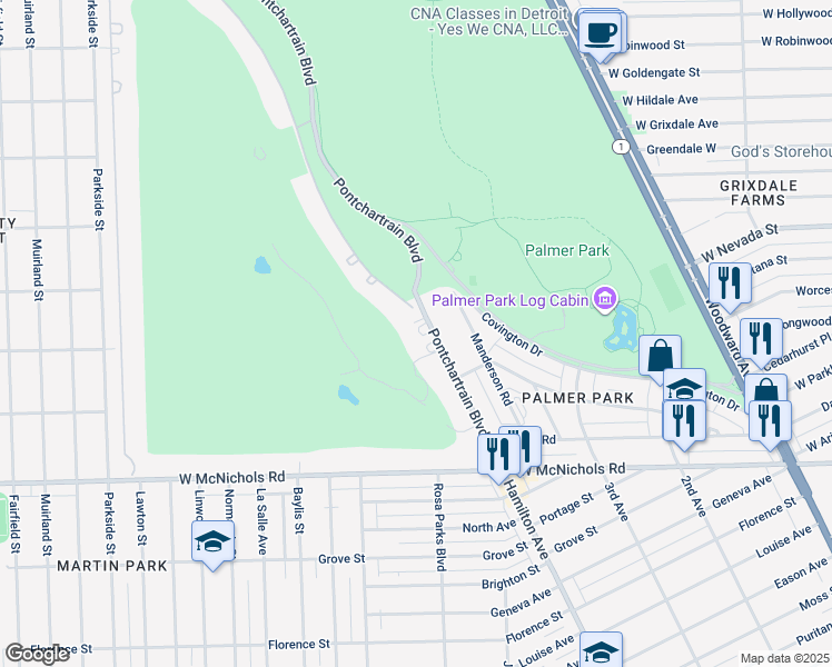 map of restaurants, bars, coffee shops, grocery stores, and more near 17421 Pontchartrain Boulevard in Detroit