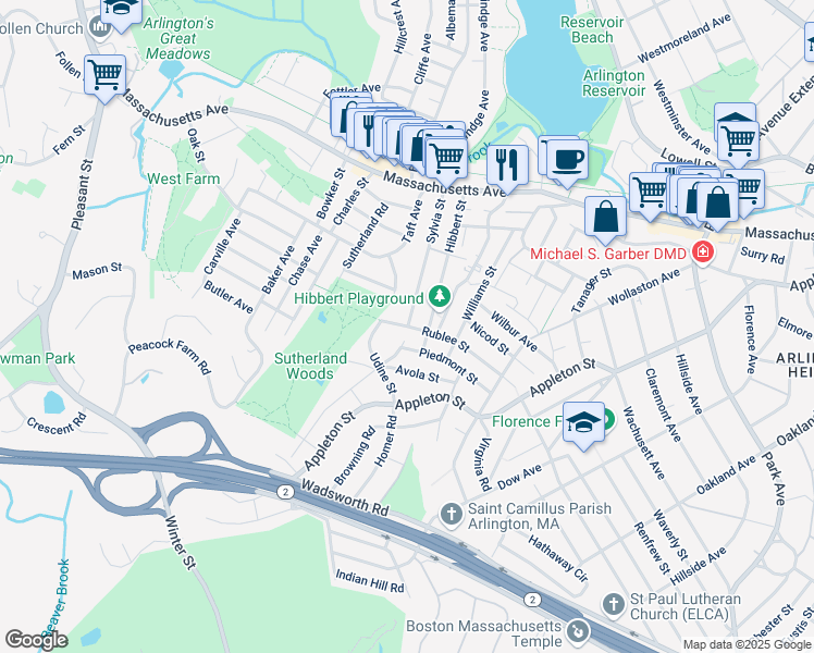 map of restaurants, bars, coffee shops, grocery stores, and more near 118 Rublee Street in Arlington