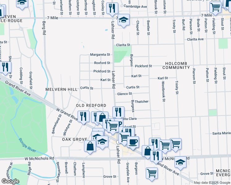 map of restaurants, bars, coffee shops, grocery stores, and more near 18106 Lahser Road in Detroit