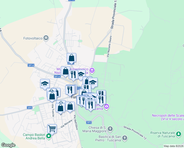 map of restaurants, bars, coffee shops, grocery stores, and more near 14 Via Giuseppe Cerasa in Tuscania