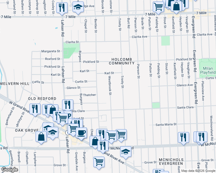 map of restaurants, bars, coffee shops, grocery stores, and more near 17685 Westbrook Street in Detroit