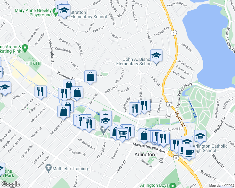 map of restaurants, bars, coffee shops, grocery stores, and more near 3 Ivy Circle in Arlington