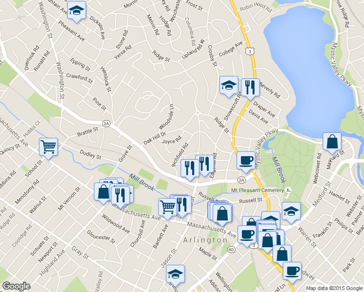 map of restaurants, bars, coffee shops, grocery stores, and more near 71 Richfield Road in Arlington