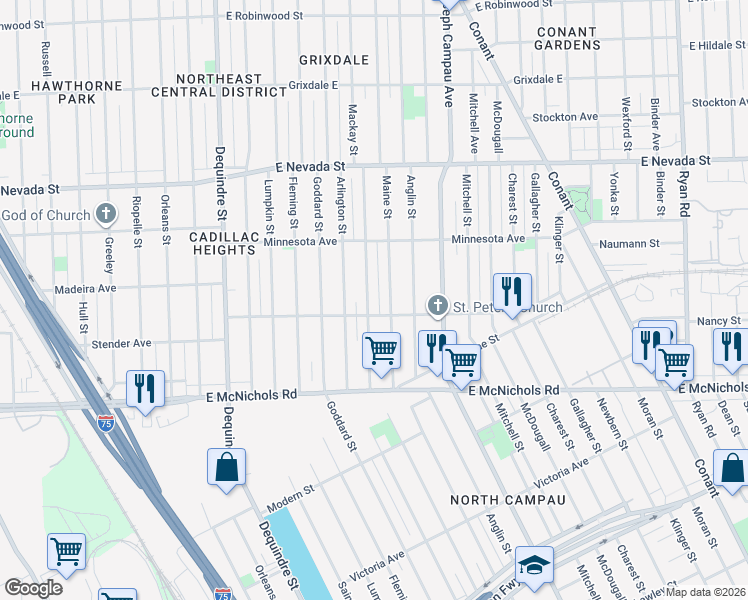 map of restaurants, bars, coffee shops, grocery stores, and more near 17432 Mackay Street in Detroit
