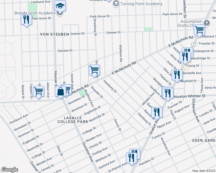map of restaurants, bars, coffee shops, grocery stores, and more near 12731 Hamburg Street in Detroit