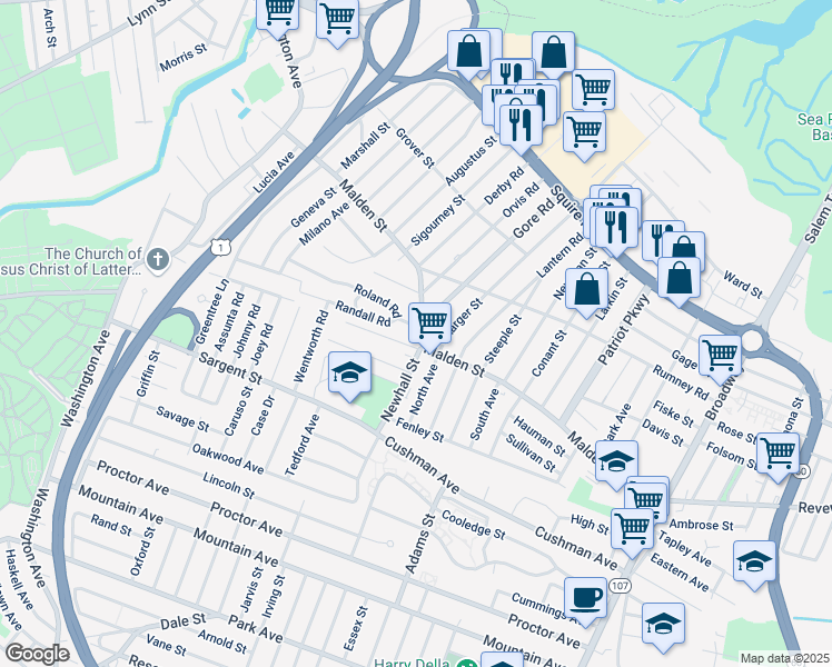 map of restaurants, bars, coffee shops, grocery stores, and more near 320 Malden Street in Revere