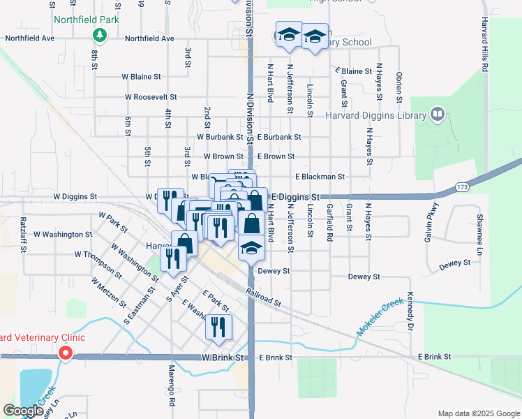 map of restaurants, bars, coffee shops, grocery stores, and more near 401 North Division Street in Harvard